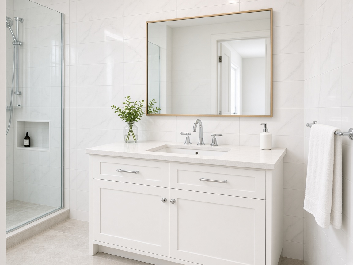 Clean modern bathroom with finished tile, vanity, and fixtures after Crestline work
