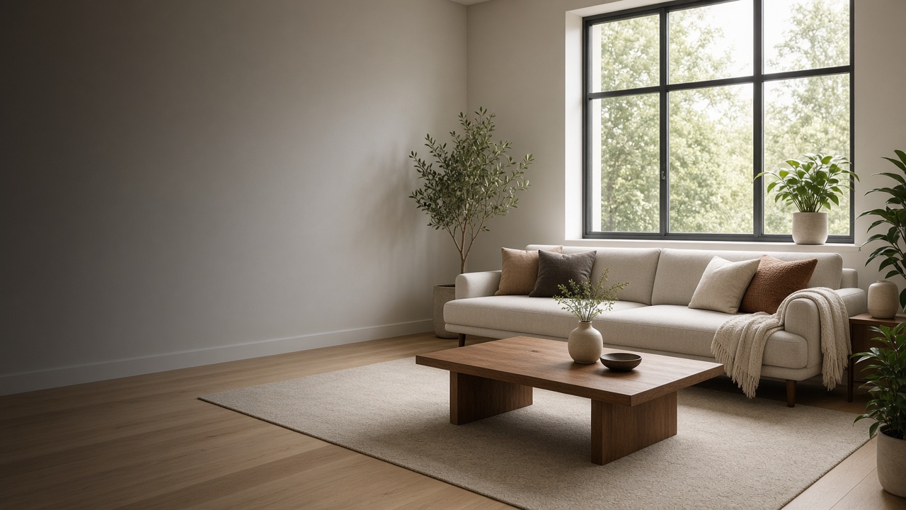 Calm modern living room with a light sofa and natural daylight