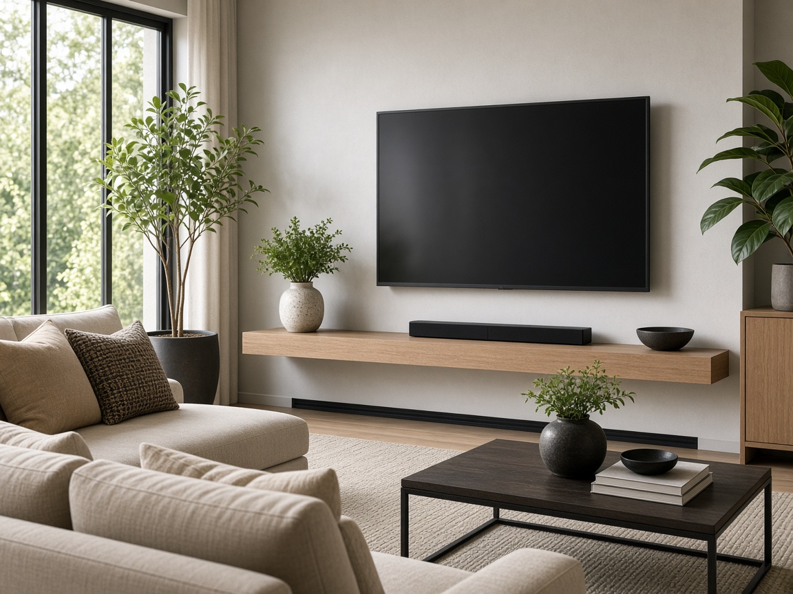 Living room with a professionally mounted television and finished furnishings